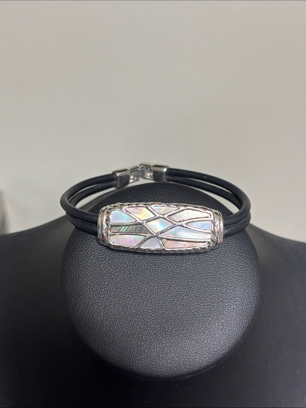 Lia Sophia Silver Tone Iridescent Mother Of Pearl Inlay Double Leather Bracelet